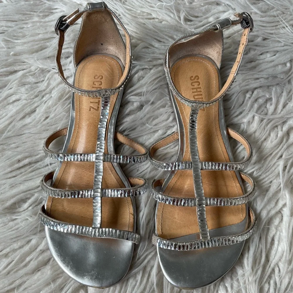 Schutz Gladiator Jeweled Ice Silver Rhinestone Crystal Flat Cage Sandals Size 38
